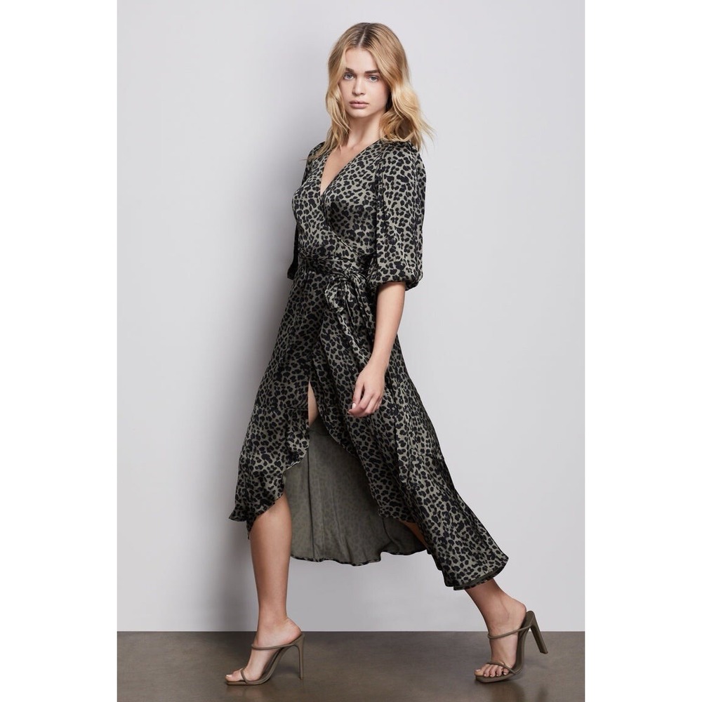 GOOD AMERICAN Women's Size 1 S-M 6/8 NEW Sage Leopard Wrap Midi Dress Tie Waist